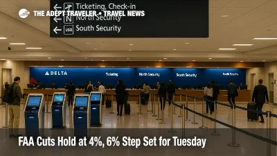 Travelers at Atlanta check-in kiosks under FAA flight cuts, with subtle queues and authentic wayfinding as ground delay programs extend cancellations