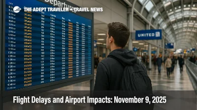 Traveler checks the departures board inside Chicago O'Hare as delay programs ripple through hubs on November 9, 2025