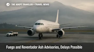 Parked jet at Quito's Mariscal Sucre with Andean ridge and thin haze, as Reventador ash advisories raise the risk of minor approach spacing