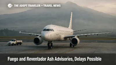 Parked jet at Quito's Mariscal Sucre with Andean ridge and thin haze, as Reventador ash advisories raise the risk of minor approach spacing