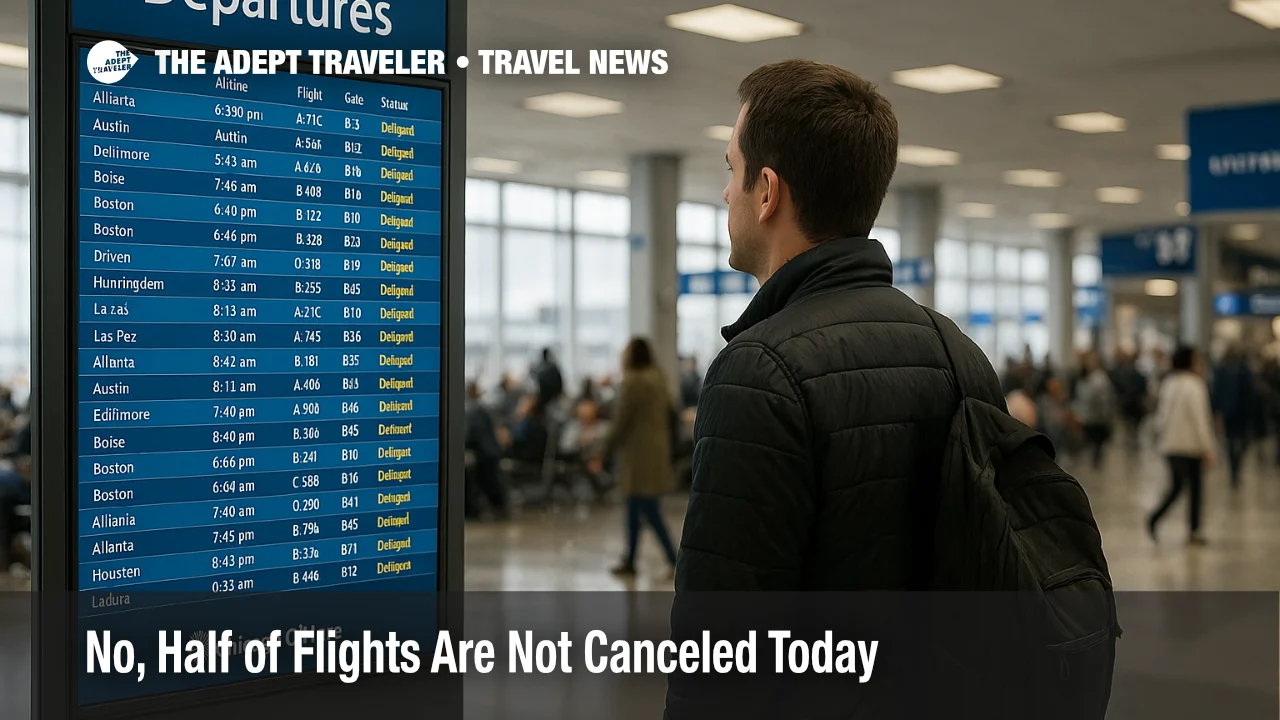 Traveler checks departures board inside Chicago O'Hare, illustrating delays context under FAA flight trims and how to read today's flight disruption numbers