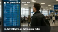 Traveler checks departures board inside Chicago O'Hare, illustrating delays context under FAA flight trims and how to read today's flight disruption numbers