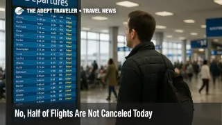 Traveler checks departures board inside Chicago O'Hare, illustrating delays context under FAA flight trims and how to read today's flight disruption numbers