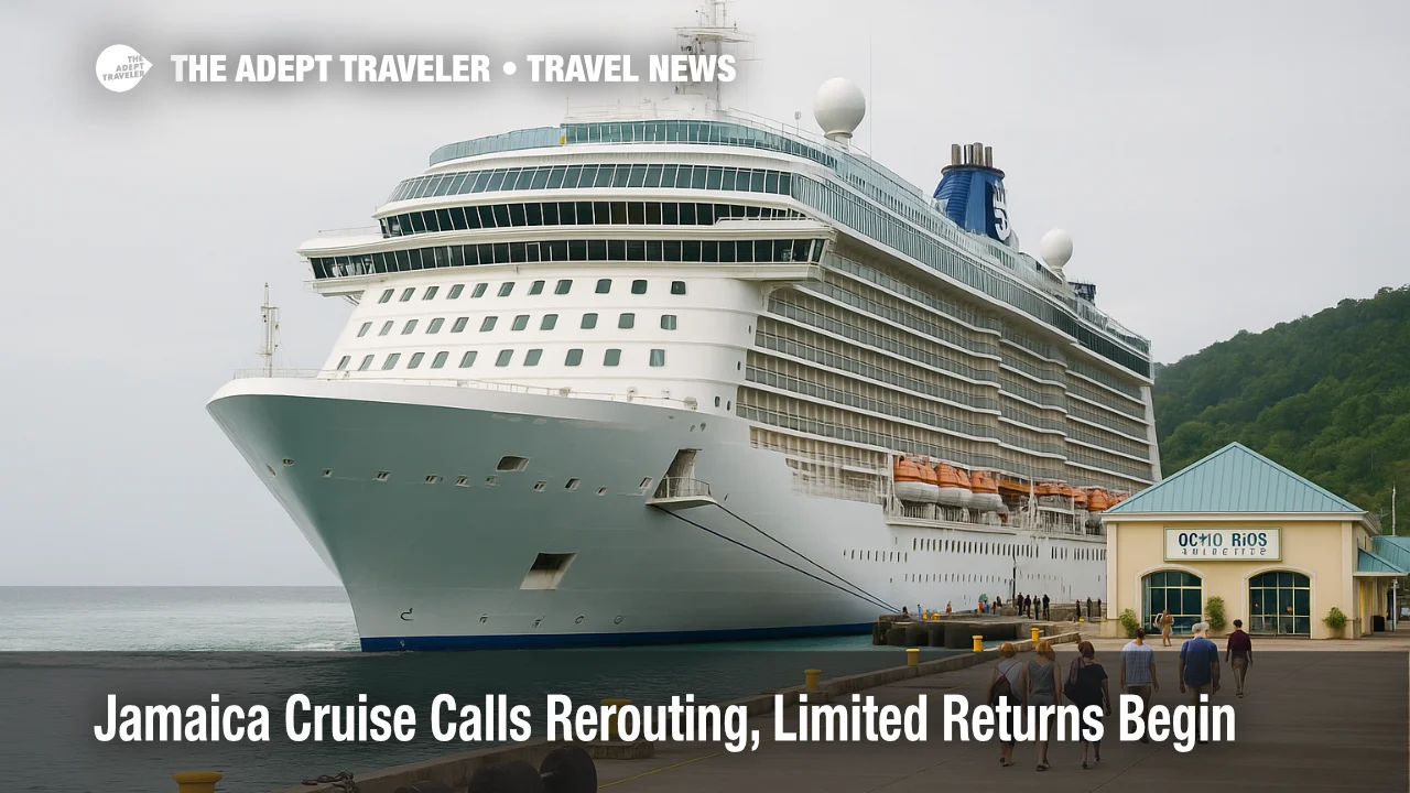 A cruise ship alongside at Ocho Rios Cruise Ship Pier under bright overcast skies, signaling limited Jamaica cruise returns after Hurricane Melissa