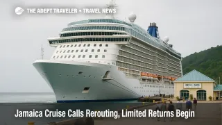 A cruise ship alongside at Ocho Rios Cruise Ship Pier under bright overcast skies, signaling limited Jamaica cruise returns after Hurricane Melissa