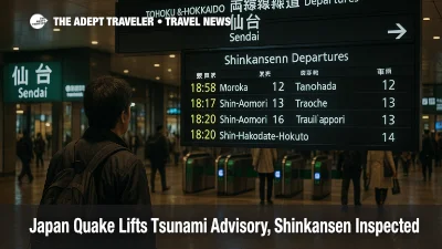 Traveler views the Shinkansen board at JR Sendai Station after Iwate's quake, with small crowds and ticket gates visible during evening inspections