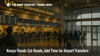 Travelers check the departures board inside Eldoret International after heavy rains, with wet floor reflections and short queues at kiosks
