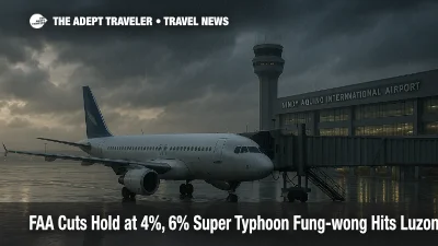 Storm clouds and rain over Ninoy Aquino International Airport as a parked jet sits at a wet gate, highlighting Super Typhoon Fung-wong flight risks for Manila