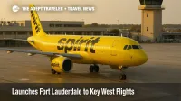 Spirit Airbus taxiing at Key West International Airport with terminal and tower visible, highlighting new Fort Lauderdale to Key West nonstop service