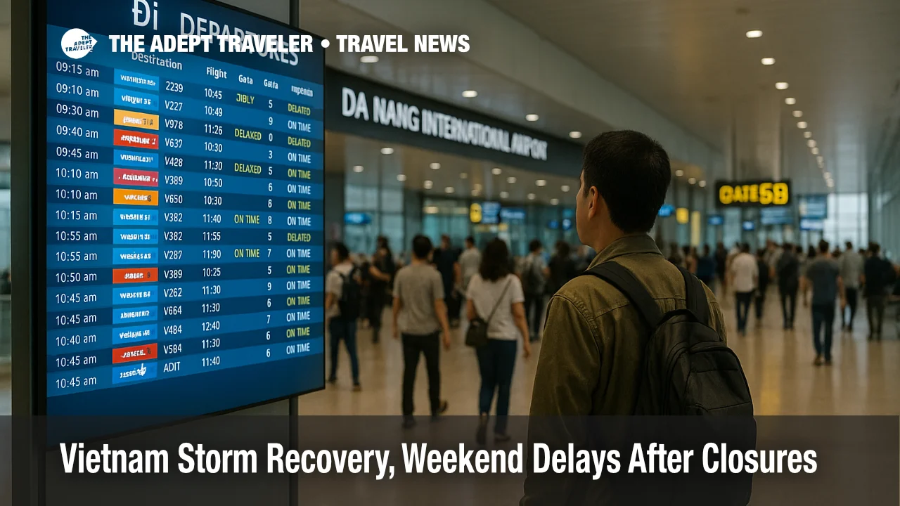 Traveler checks departures board inside Da Nang International Airport as Vietnam storm recovery causes rolling flight delays and retimes