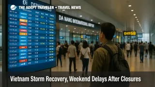 Traveler checks departures board inside Da Nang International Airport as Vietnam storm recovery causes rolling flight delays and retimes