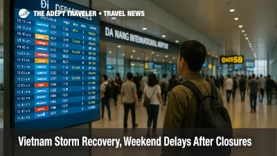 Traveler checks departures board inside Da Nang International Airport as Vietnam storm recovery causes rolling flight delays and retimes