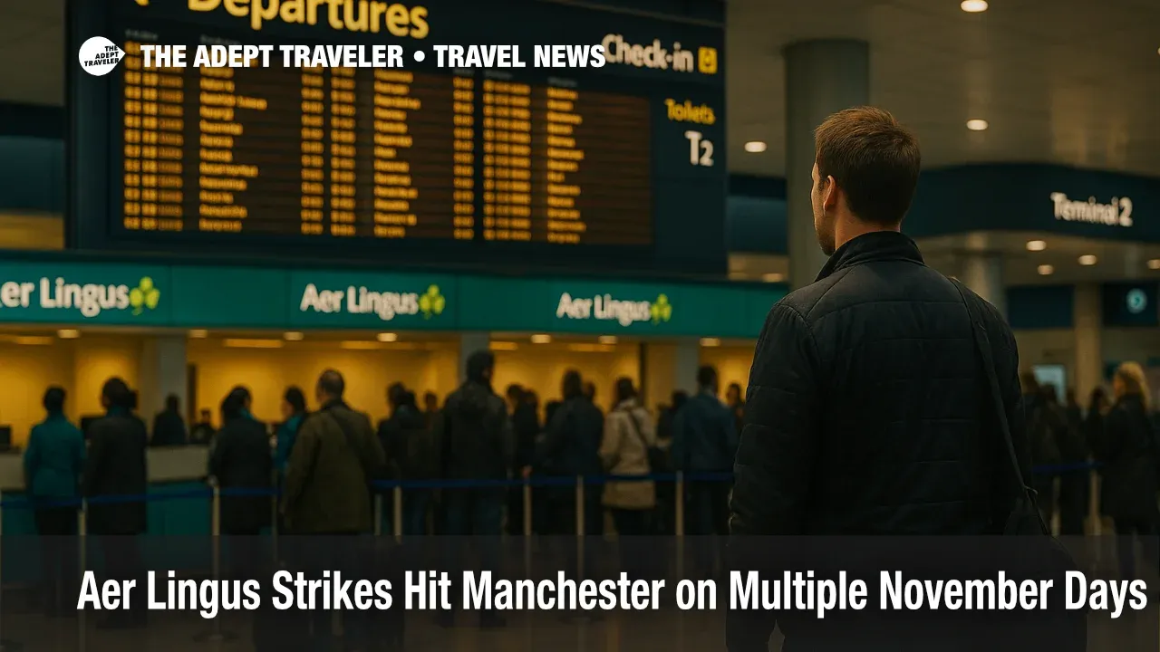 Traveler checks Manchester Terminal 2 departures board during Aer Lingus cabin crew strike, queues forming at check-in counters, real branding visible