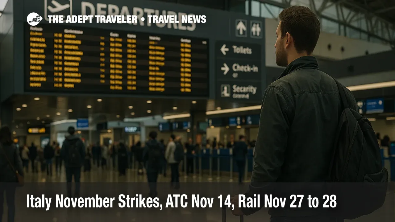 Traveler checks the departures board at Rome Fiumicino during Italy strike warnings, with queues forming and wayfinding visible in Terminal 3