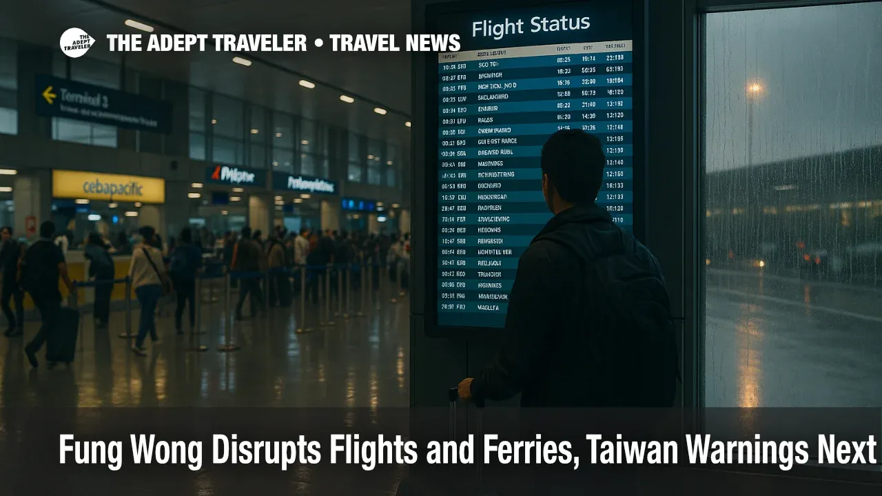 Traveler checking the departures board at Ninoy Aquino International Airport as Fung Wong disrupts flights, wet reflections and rain signal weather delays