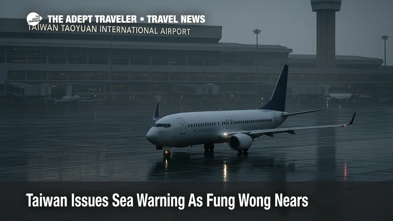 Rain darkened taxiway at Taiwan Taoyuan International Airport with a narrow body jet taxiing, terminal and tower in view during Taiwan typhoon sea warning