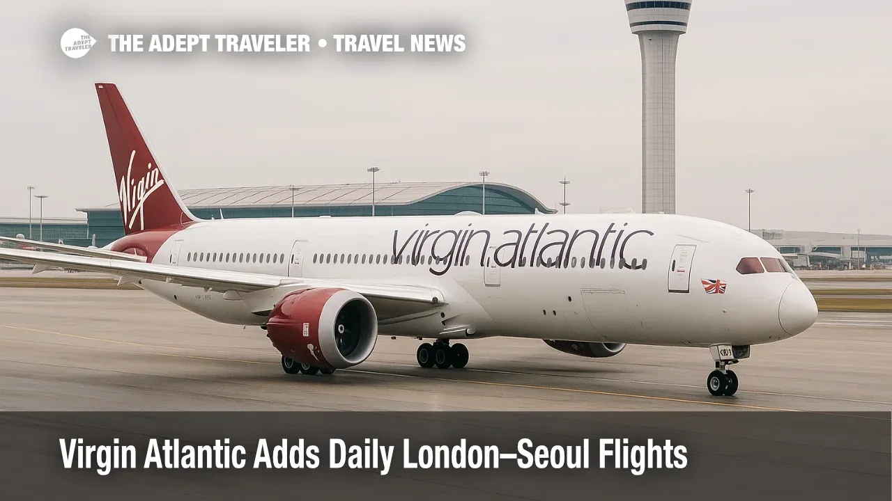 Virgin Atlantic Boeing 787-9 taxiing at Incheon International Airport with terminal and tower visible, illustrating new London to Seoul daily flights