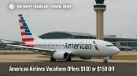 American Airlines jet taxiing at Dallas Fort Worth, terminal and tower behind it, illustrating AA Vacations warm-weather package discounts