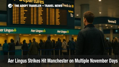 Traveler checks Manchester Terminal 2 departures board during Aer Lingus cabin crew strike, queues forming at check-in counters, real branding visible