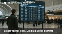 Traveler checks the departures board inside Toronto Pearson as weather related delays ripple, Air Canada outlook warns of schedule adjustments