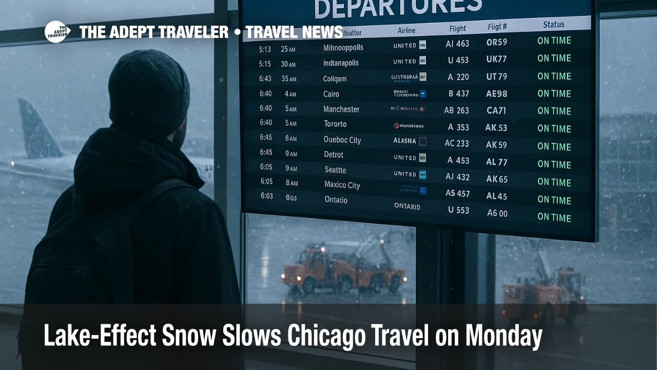 Traveler checks O'Hare departures board as lake-effect snow falls outside, signaling deicing, ground delays, and variable visibility near the lake