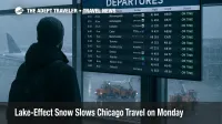 Traveler checks O'Hare departures board as lake-effect snow falls outside, signaling deicing, ground delays, and variable visibility near the lake
