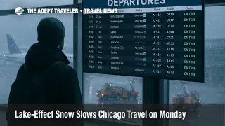 Traveler checks O'Hare departures board as lake-effect snow falls outside, signaling deicing, ground delays, and variable visibility near the lake