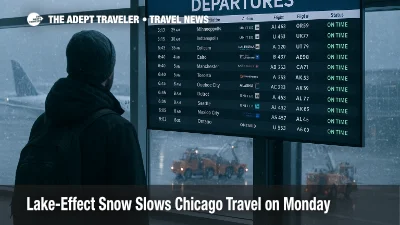 Traveler checks O'Hare departures board as lake-effect snow falls outside, signaling deicing, ground delays, and variable visibility near the lake