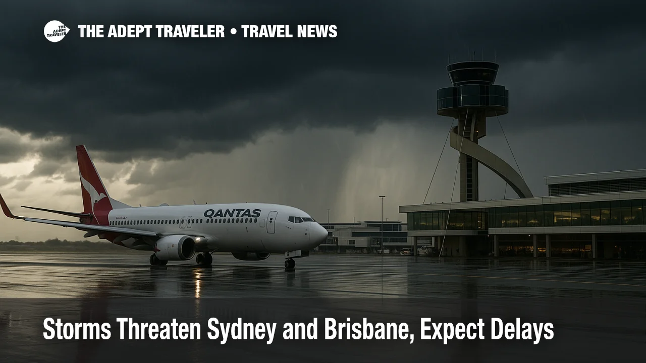 Storm clouds over Sydney Kingsford Smith Airport with a Qantas jet taxiing, wet tarmac reflections, and the control tower visible near the terminal