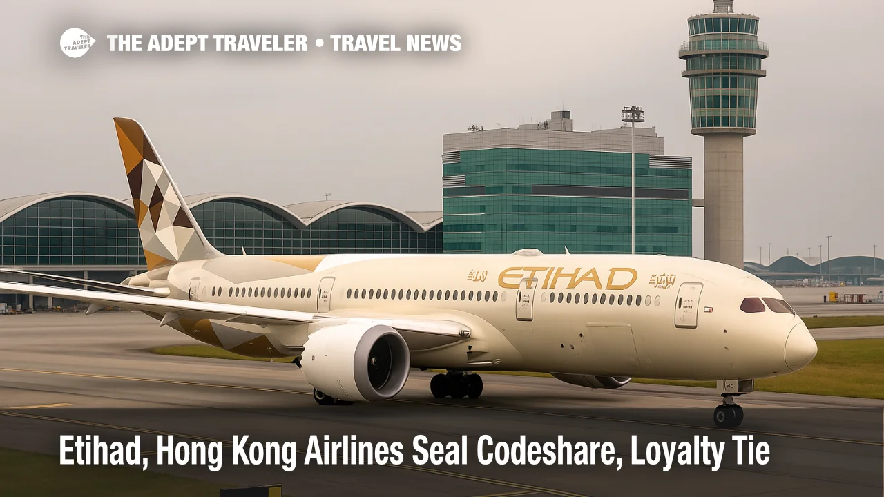 Etihad 787 taxiing at Hong Kong International Airport with terminal and tower visible, illustrating the new codeshare and loyalty partnership