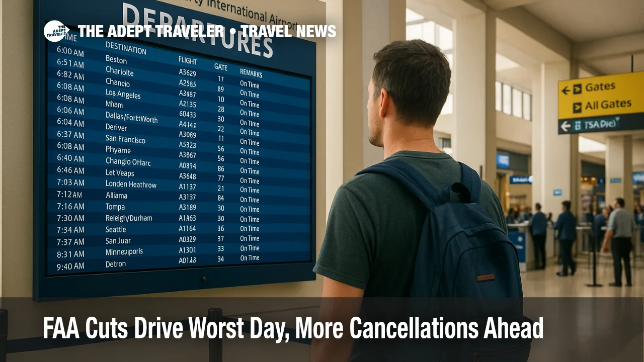 Traveler studies the departures board inside Newark Liberty, as FAA caps drive delays and cancellations across major U.S. airports