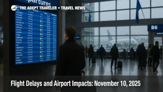 Traveler studies departures board at Chicago O'Hare during lake effect snow delays, concourse reflections and light queue signal winter disruption