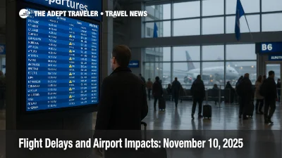 Traveler studies departures board at Chicago O'Hare during lake effect snow delays, concourse reflections and light queue signal winter disruption
