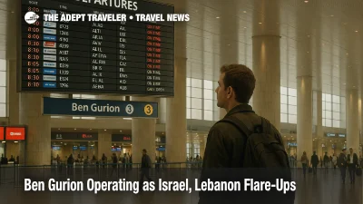Traveler checks the departures board in Ben Gurion's Terminal 3 as flights operate on schedule, reflecting localized Israel, Lebanon border tensions