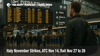 Traveler checks the departures board at Rome Fiumicino during Italy strike warnings, with queues forming and wayfinding visible in Terminal 3