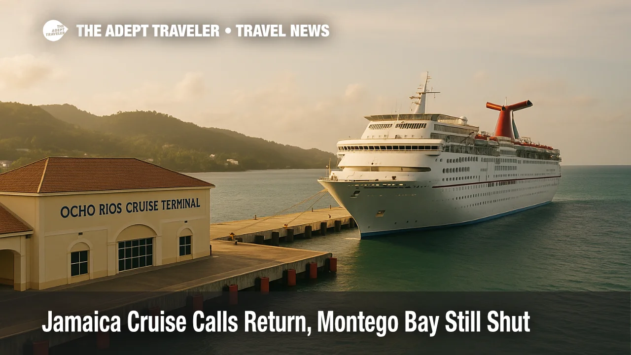 A cruise ship docked at Ocho Rios Cruise Ship Terminal with the quay and hills in view, reflecting a limited return of Jamaica cruise calls