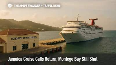 A cruise ship docked at Ocho Rios Cruise Ship Terminal with the quay and hills in view, reflecting a limited return of Jamaica cruise calls