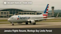 Montego Bay's Sangster International operating with reduced gates, aircraft at a working jet bridge, closed adjacent stands, Jamaica flights resuming