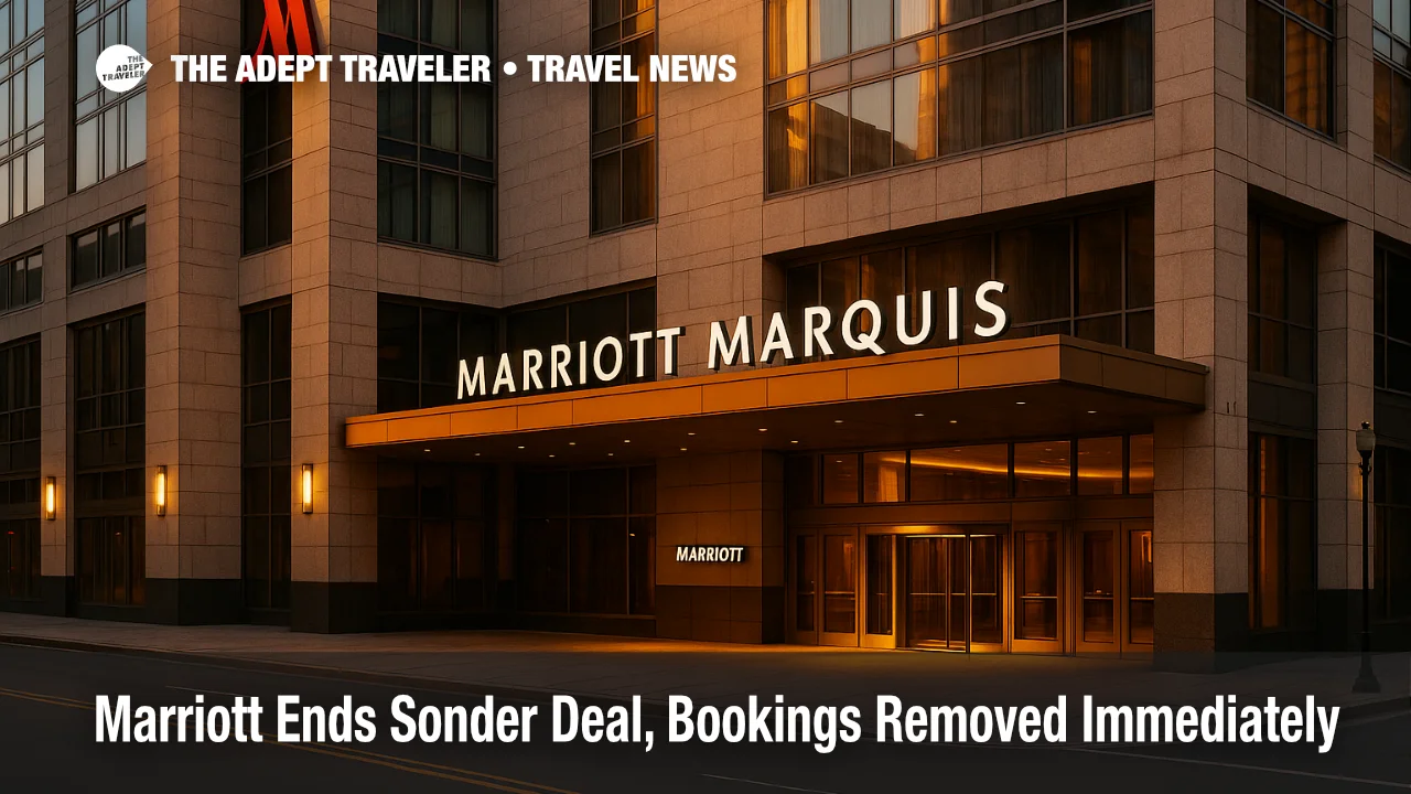 Marriott Marquis Washington, DC exterior at golden hour after Marriott ends Sonder deal, signage visible and entrance canopy lit