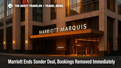 Marriott Marquis Washington, DC exterior at golden hour after Marriott ends Sonder deal, signage visible and entrance canopy lit