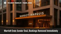 Marriott Marquis Washington, DC exterior at golden hour after Marriott ends Sonder deal, signage visible and entrance canopy lit