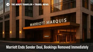 Marriott Marquis Washington, DC exterior at golden hour after Marriott ends Sonder deal, signage visible and entrance canopy lit