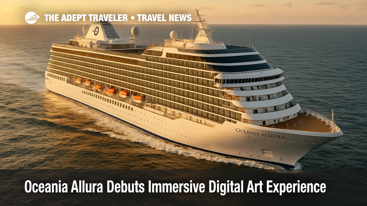 Oceania Allura at sea under late-afternoon light, three-quarter view with calm swells and clean wake for Oceania Cruises' new onboard art experience