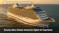 Oceania Allura at sea under late-afternoon light, three-quarter view with calm swells and clean wake for Oceania Cruises' new onboard art experience