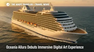 Oceania Allura at sea under late-afternoon light, three-quarter view with calm swells and clean wake for Oceania Cruises' new onboard art experience