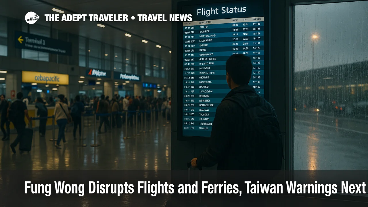 Traveler checking the departures board at Ninoy Aquino International Airport as Fung Wong disrupts flights, wet reflections and rain signal weather delays