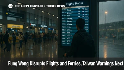 Traveler checking the departures board at Ninoy Aquino International Airport as Fung Wong disrupts flights, wet reflections and rain signal weather delays