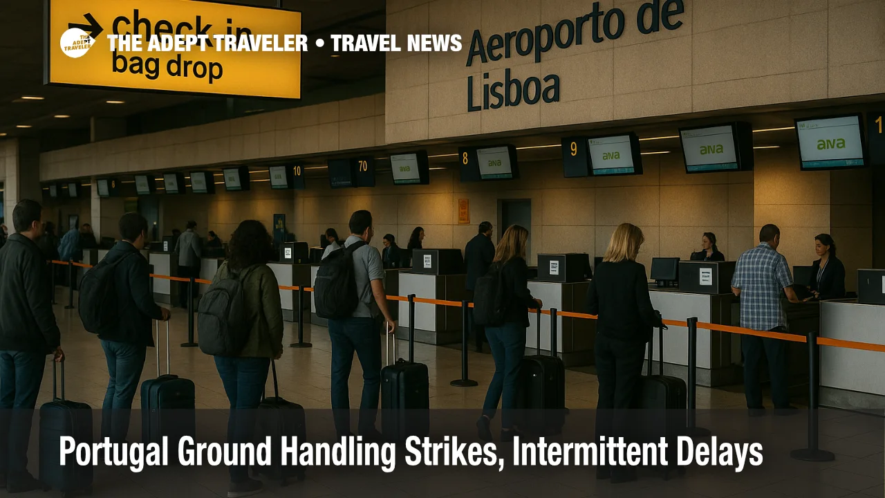 Small queues at Lisbon's check-in and baggage drop signal Portugal ground handling strikes, with counters and wayfinding visible in the departures hall