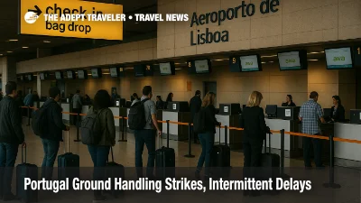 Small queues at Lisbon's check-in and baggage drop signal Portugal ground handling strikes, with counters and wayfinding visible in the departures hall