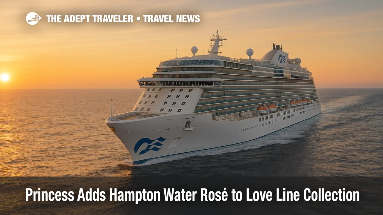 Discovery Princess underway at sea in warm light, illustrating Princess Cruises adding Hampton Water Rosé to its Love Line beverage collection